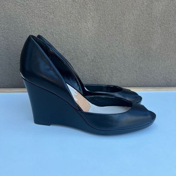 Calvin Klein Wedge Heels Black Leather Size 8 Gabbie Peep Toe Comfort - Picture 1 of 10